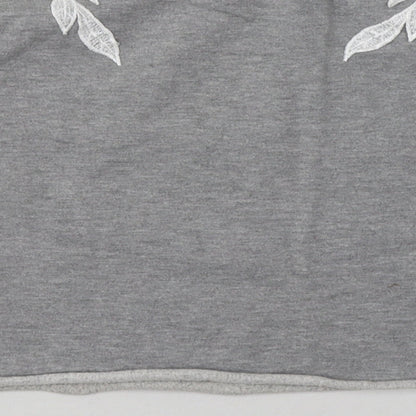Brand and care label for Miss Selfridge women’s grey floral polyester pullover sweatshirt, size UK 10, pullover