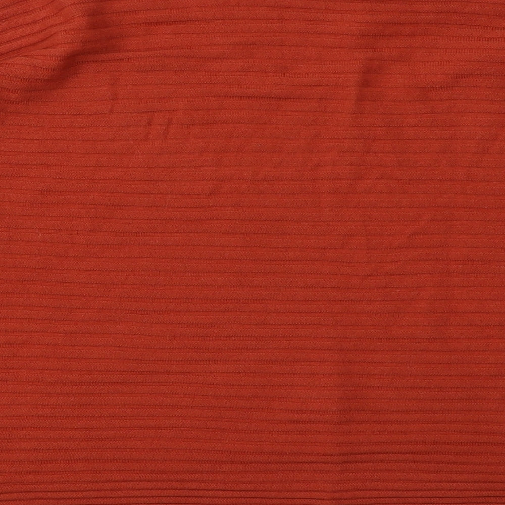 Brand and care label for River Island women’s orange acrylic pullover sweatshirt, size S, pullover
