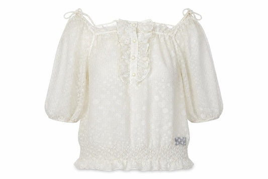 Front view of QED London women’s white polka dot polyester basic blouse, size M, off the shoulder