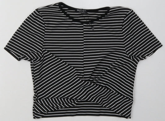 Nasty Gal Womens Black Striped Polyester Cropped T-Shirt Size 12 Crew Neck - tie at bottom