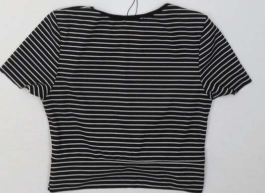 Nasty Gal Womens Black Striped Polyester Cropped T-Shirt Size 12 Crew Neck - tie at bottom