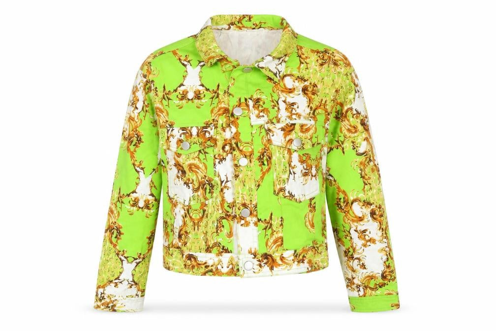 Front view of Elli White women’s green geometric jacket, size L, button