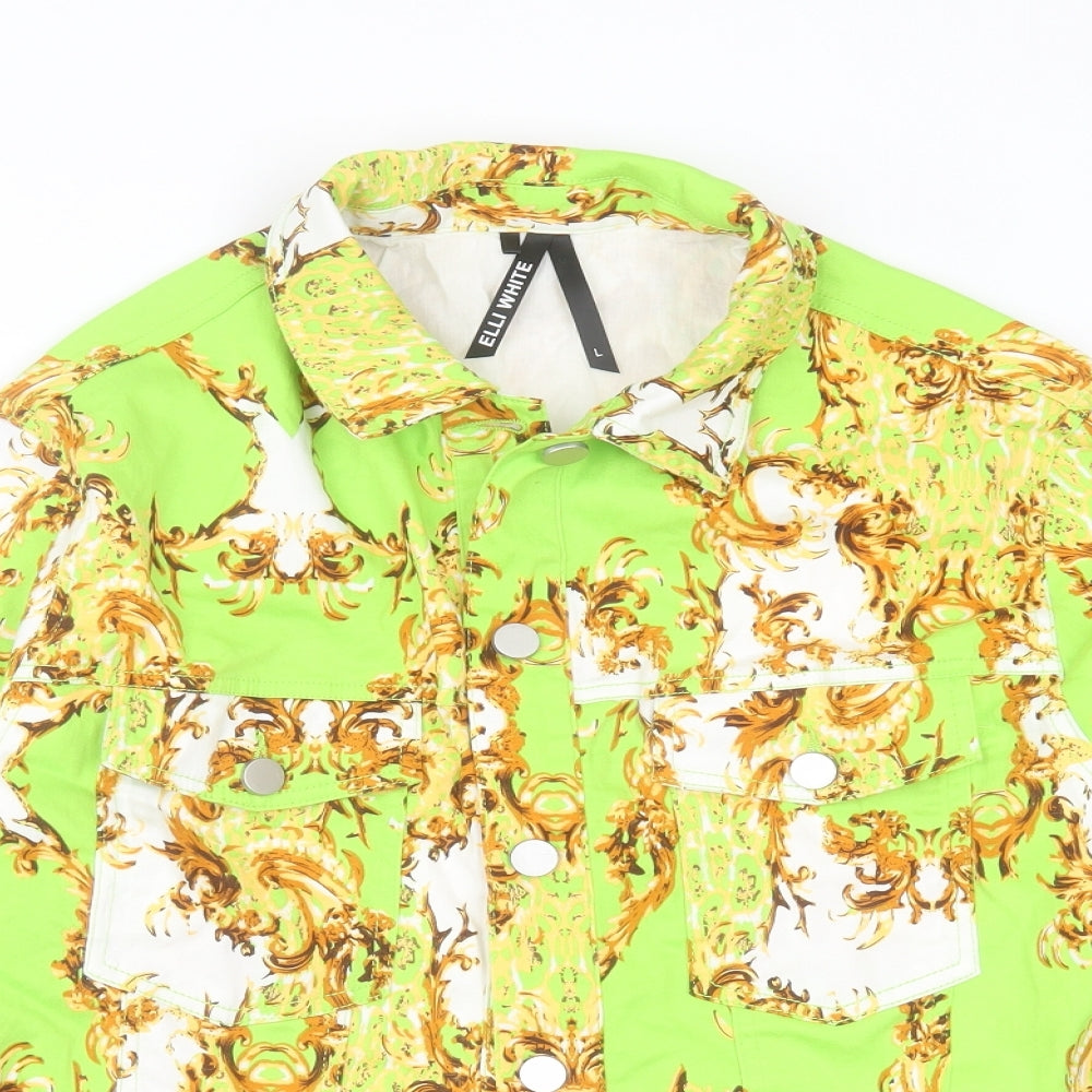 Close-up detail of Elli White women’s green geometric jacket, size L, button