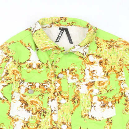 Close-up detail of Elli White women’s green geometric jacket, size L, button