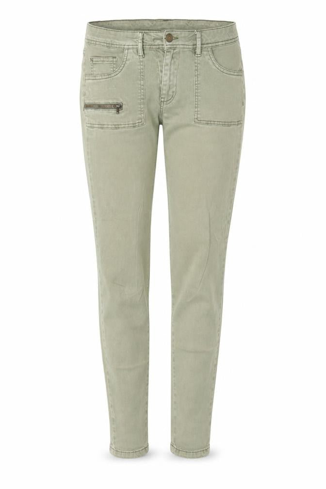 Front view of women’s green cotton skinny jeans, size UK 30, in, 28-inch leg extra-slim