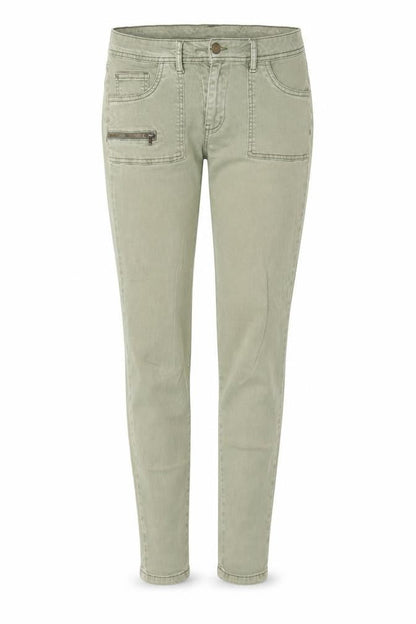 Front view of women’s green cotton skinny jeans, size UK 30, in, 28-inch leg extra-slim