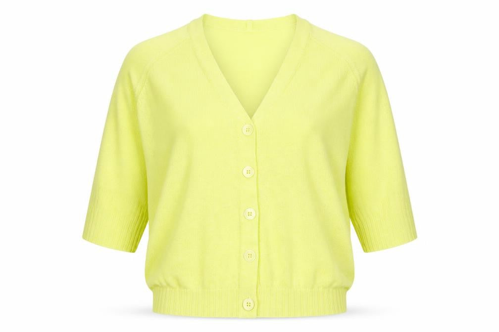 Front view of Per Una women’s green v-neck lyocell cardigan jumper, size M