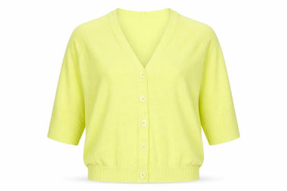 Front view of Per Una women’s green v-neck lyocell cardigan jumper, size M