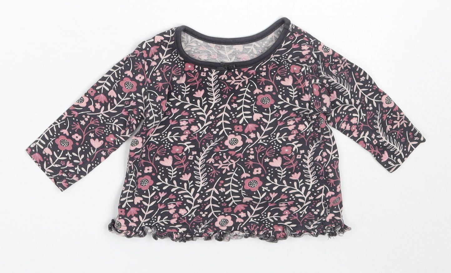 George Girls Grey Floral Cotton Basic T-Shirt Size 3-6 Months Round Neck