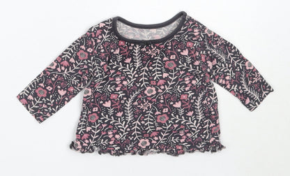 George Girls Grey Floral Cotton Basic T-Shirt Size 3-6 Months Round Neck