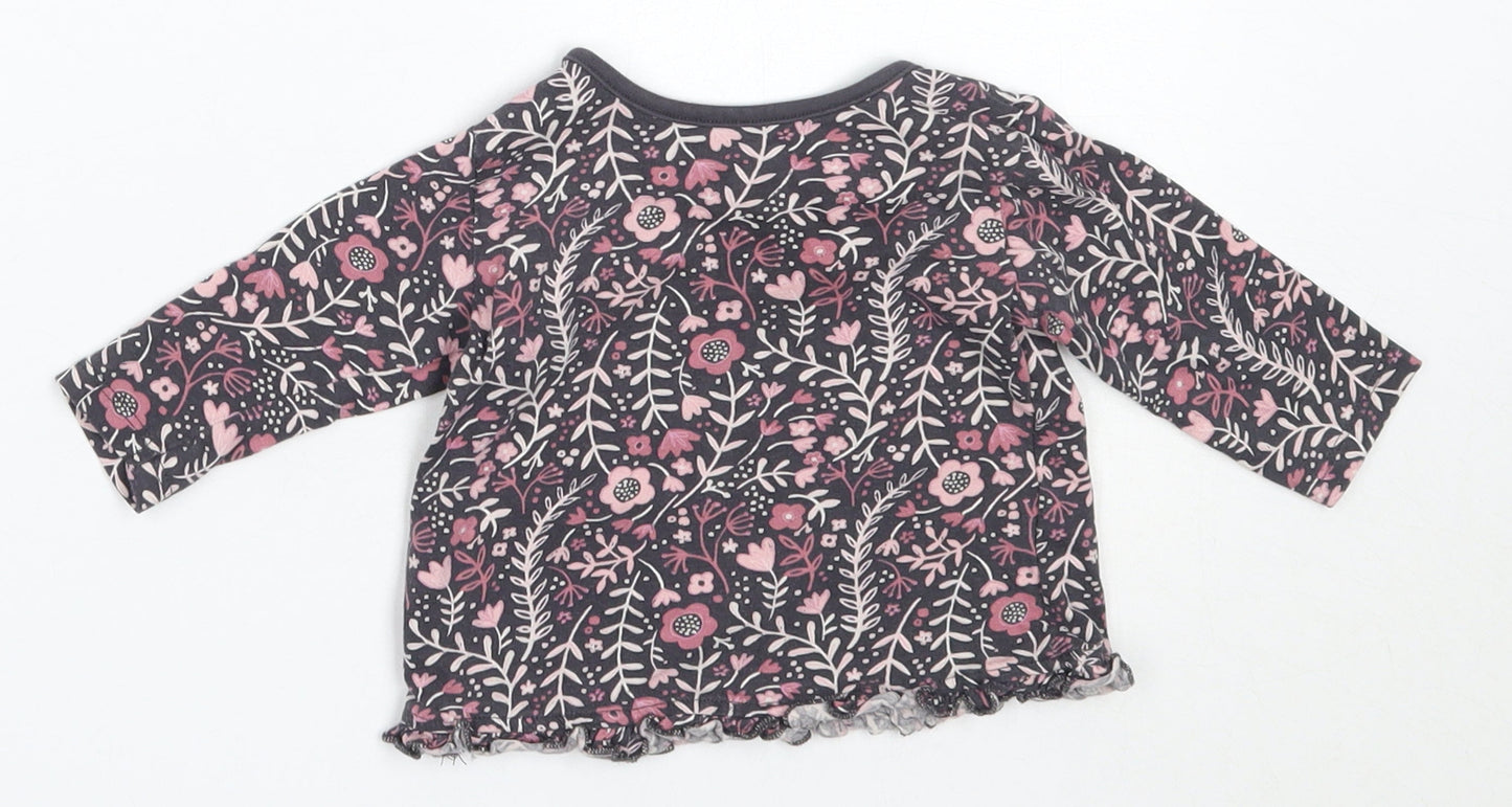 George Girls Grey Floral Cotton Basic T-Shirt Size 3-6 Months Round Neck