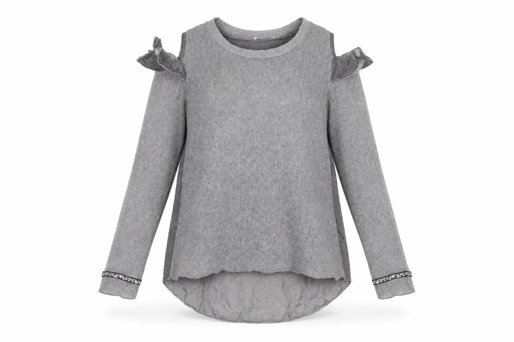 Front view of Preworn women’s grey round neck acrylic jumper, size XL