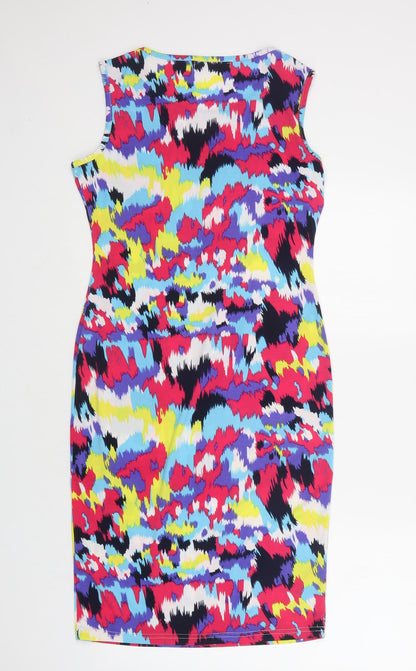 Back view of Ruiyige women’s multicoloured geometric polyester bodycon, size M, crew neck