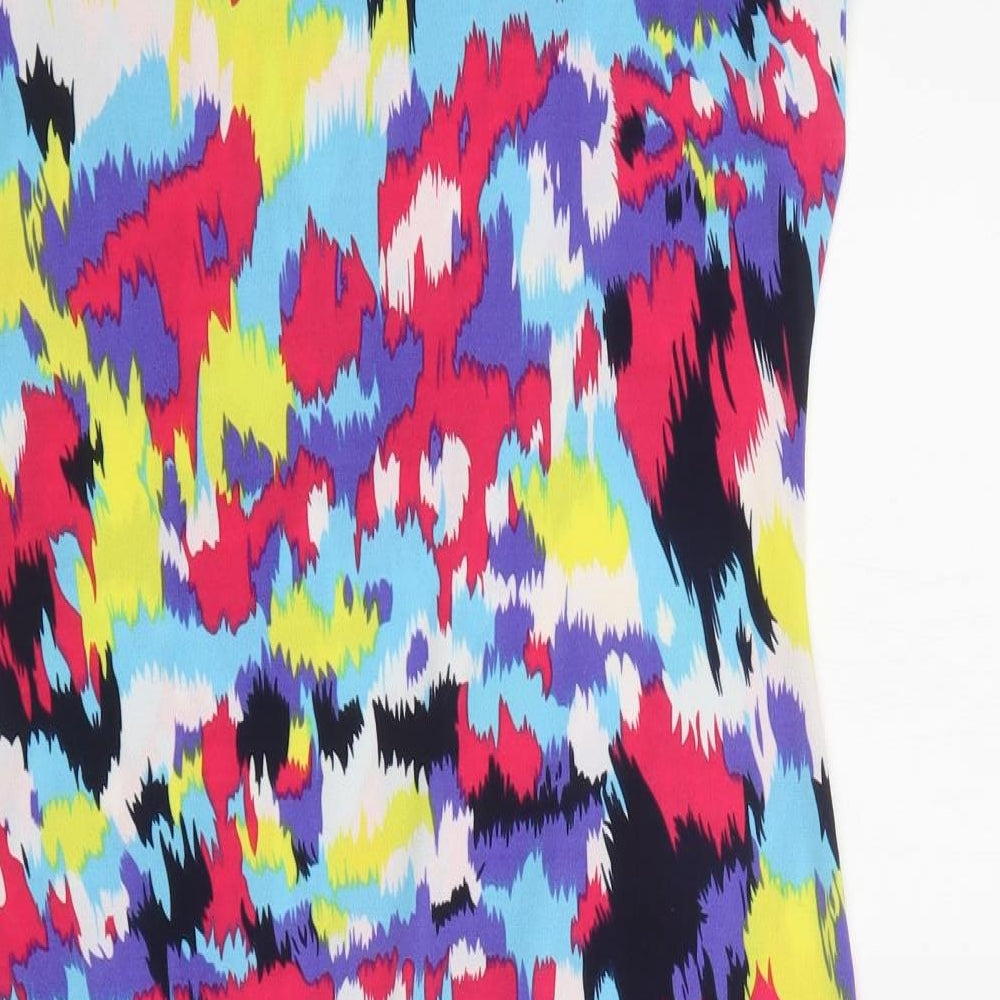 Brand and care label for Ruiyige women’s multicoloured geometric polyester bodycon, size M, crew neck