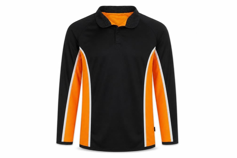 Front view of Falcon men’s black striped polyester pullover sweatshirt, size M
