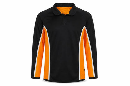 Front view of Falcon men’s black striped polyester pullover sweatshirt, size M