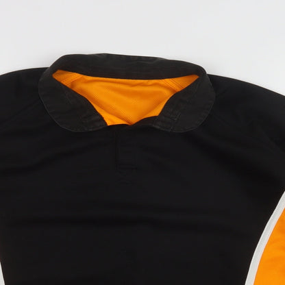 Close-up detail of Falcon men’s black striped polyester pullover sweatshirt, size M