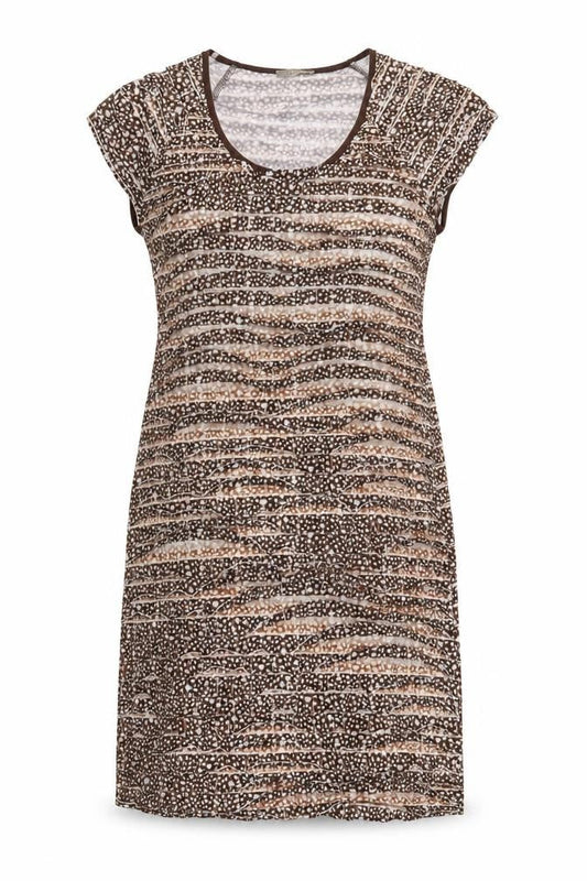Front view of Matalan women’s brown animal print polyester a-line, size UK 16, round neck