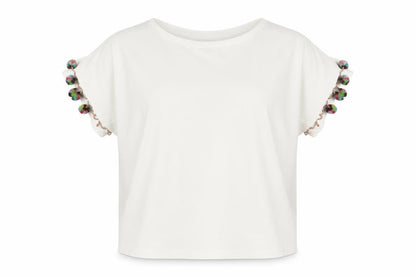 Front view of Jane and Delancey women’s white viscose basic blouse, size L, crew neck