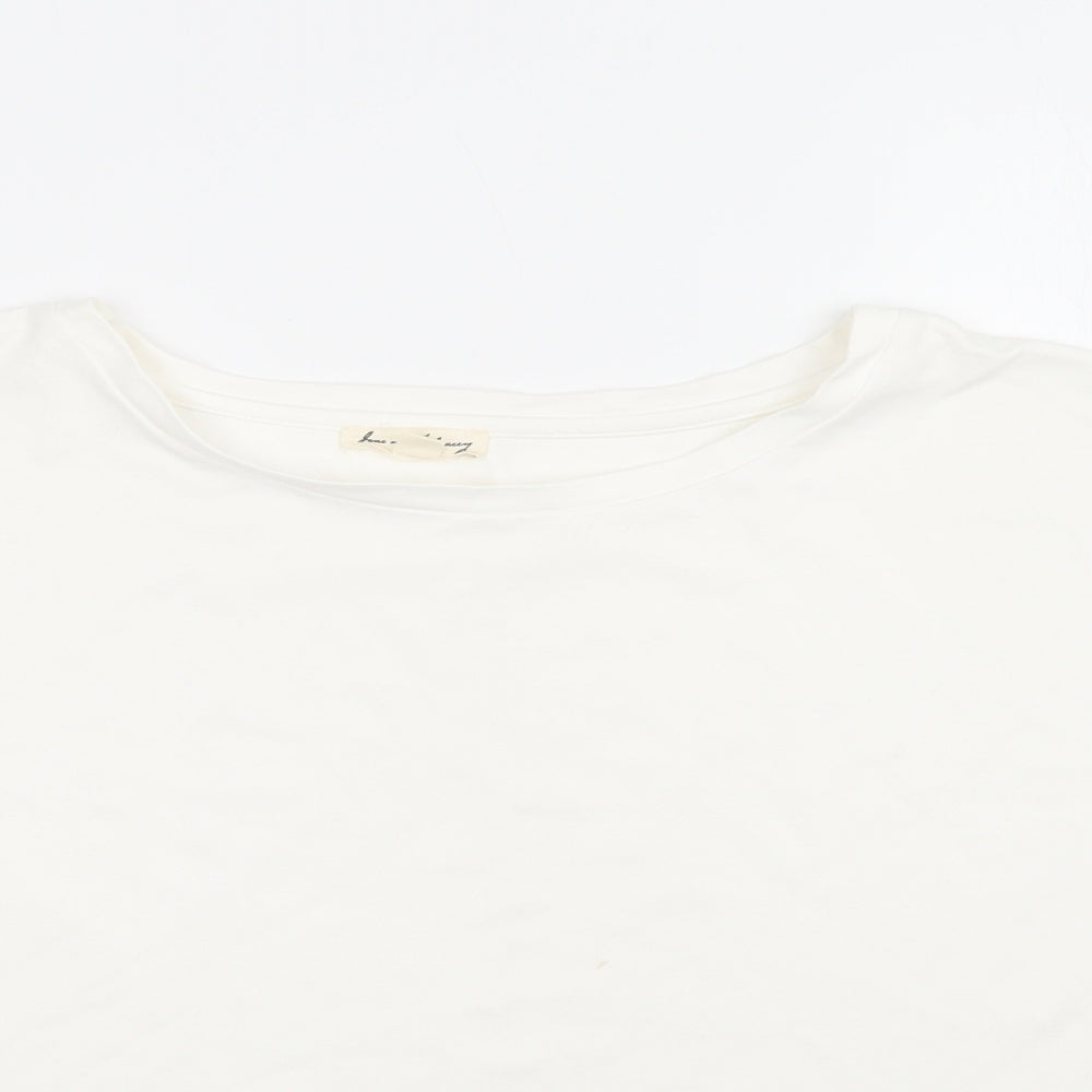 Close-up detail of Jane and Delancey women’s white viscose basic blouse, size L, crew neck