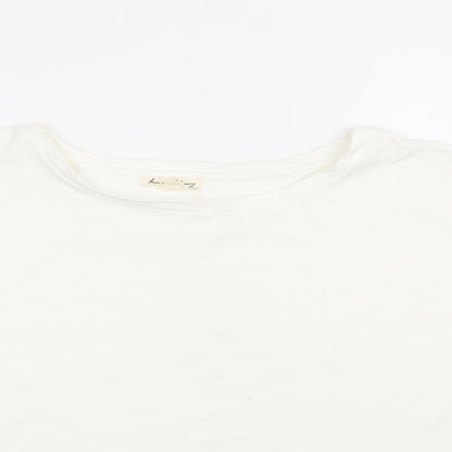 Close-up detail of Jane and Delancey women’s white viscose basic blouse, size L, crew neck