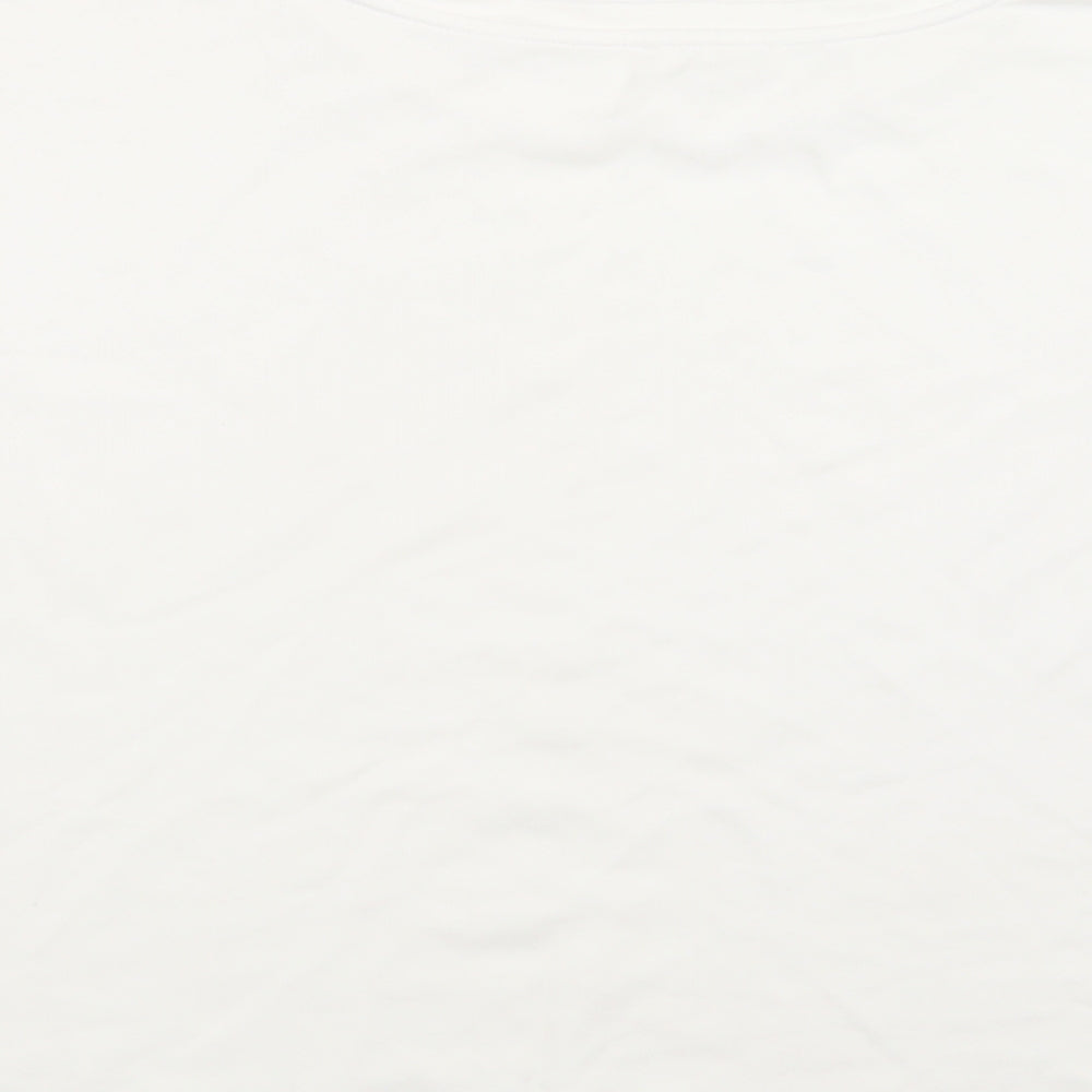 Brand and care label for Jane and Delancey women’s white viscose basic blouse, size L, crew neck