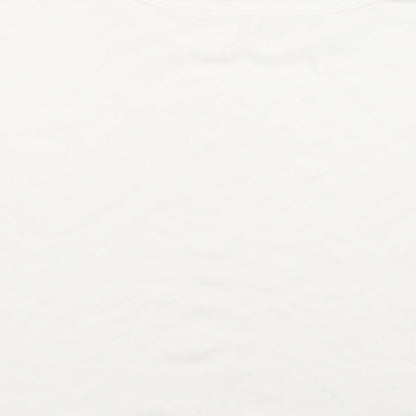 Brand and care label for Jane and Delancey women’s white viscose basic blouse, size L, crew neck