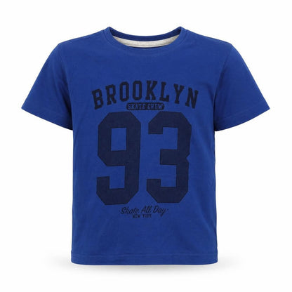 Front view of Primark boys’ blue cotton basic t-shirt, size 3-4, years crew neck pullover - brooklyn new york