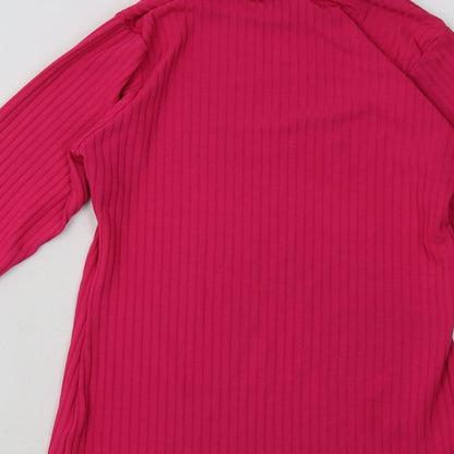 Brand and care label for PRETTYLITTLETHING women’s pink polyester pullover sweatshirt, size UK 14, pullover