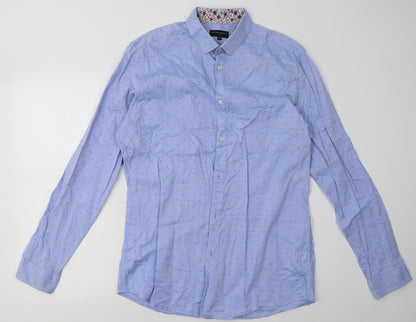 Matalan Mens Blue Polka Dot Cotton  Button-Up Size 16 Collared Button