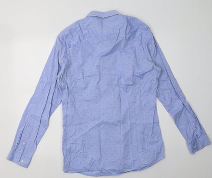 Matalan Mens Blue Polka Dot Cotton  Button-Up Size 16 Collared Button