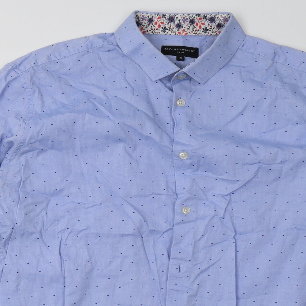 Matalan Mens Blue Polka Dot Cotton  Button-Up Size 16 Collared Button