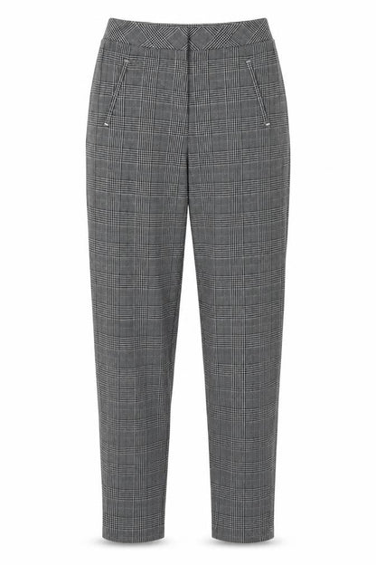 Front view of F&F women’s grey check polyester trousers, size UK 6, 28-inch leg regular hook & eye