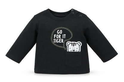Front view of F&F boys’ grey cotton basic casual, size 0-3, months crew neck pullover - go for it tiger