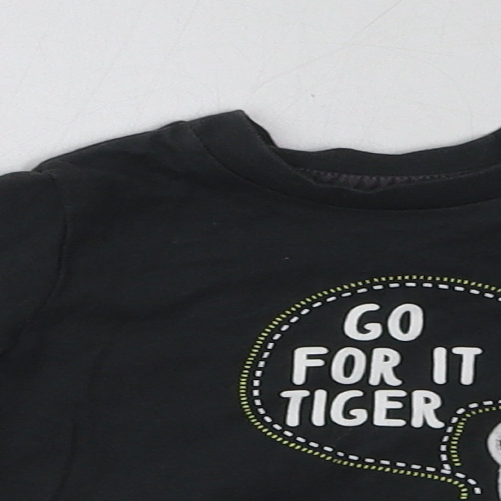 Close-up detail of F&F boys’ grey cotton basic casual, size 0-3, months crew neck pullover - go for it tiger