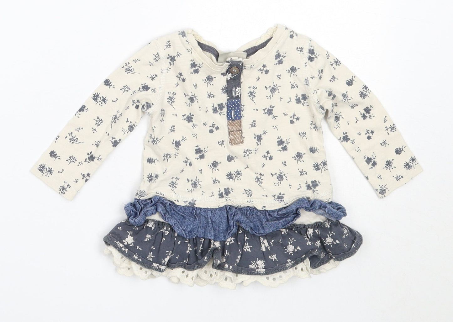 NEXT Girls Ivory Floral Cotton Fit & Flare  Size 3-6 Months  Round Neck