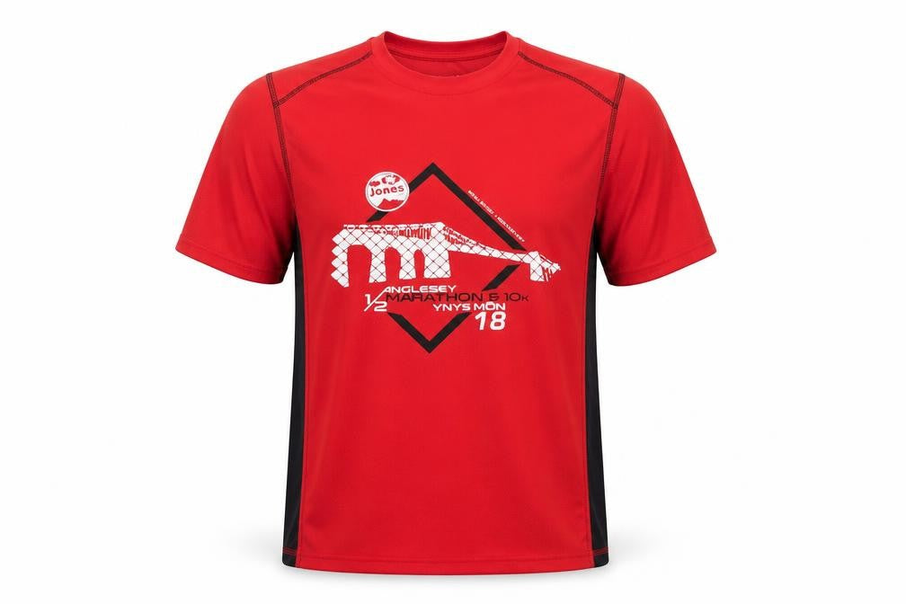Front view of Titan men’s red polyester basic t-shirt, size L, round neck