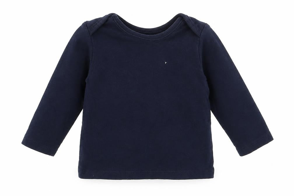 Front view of George girls’ blue cotton basic t-shirt, size 3-6, months round neck