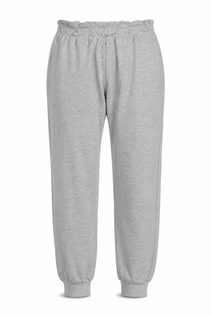 Front view of Essentials Apparel women’s grey cotton jogger trousers, size M, 29.5-inch leg regular