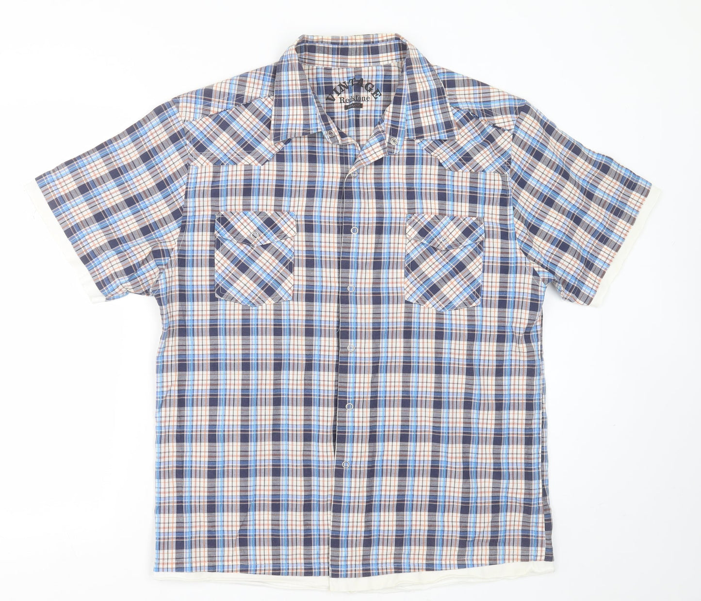 Vintage Mens Blue Check Cotton  Button-Up Size L Collared Button