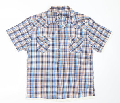 Vintage Mens Blue Check Cotton  Button-Up Size L Collared Button