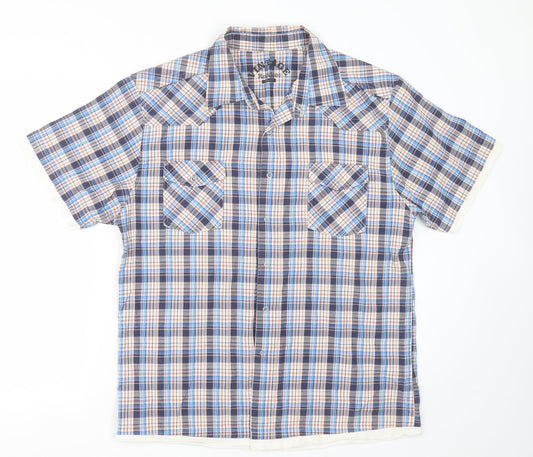 Vintage Mens Blue Check Cotton  Button-Up Size L Collared Button