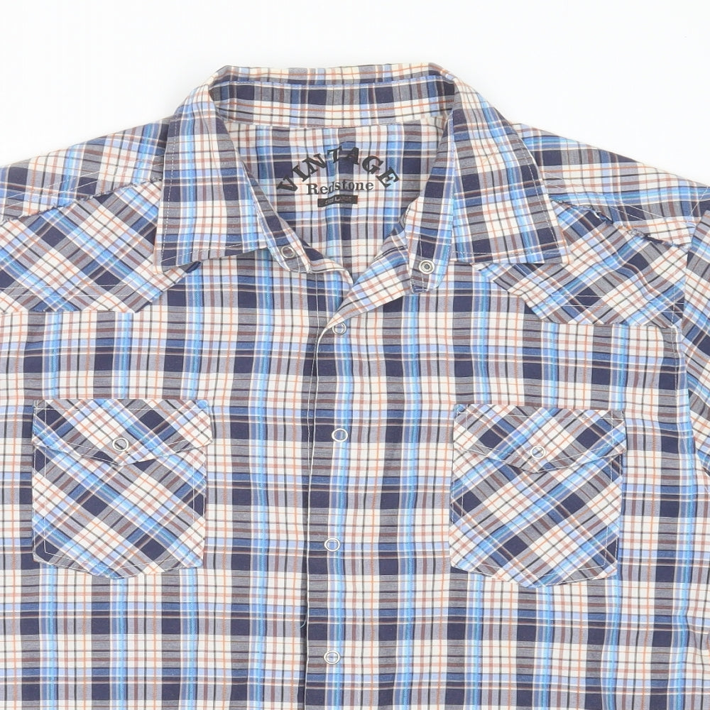 Vintage Mens Blue Check Cotton  Button-Up Size L Collared Button