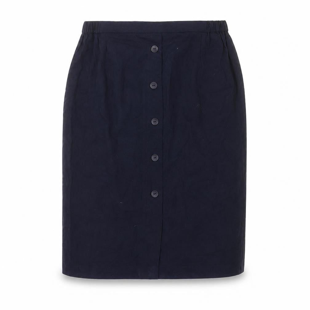 Front view of Preworn women’s blue polyester straight & pencil skirt, size UK 32, in