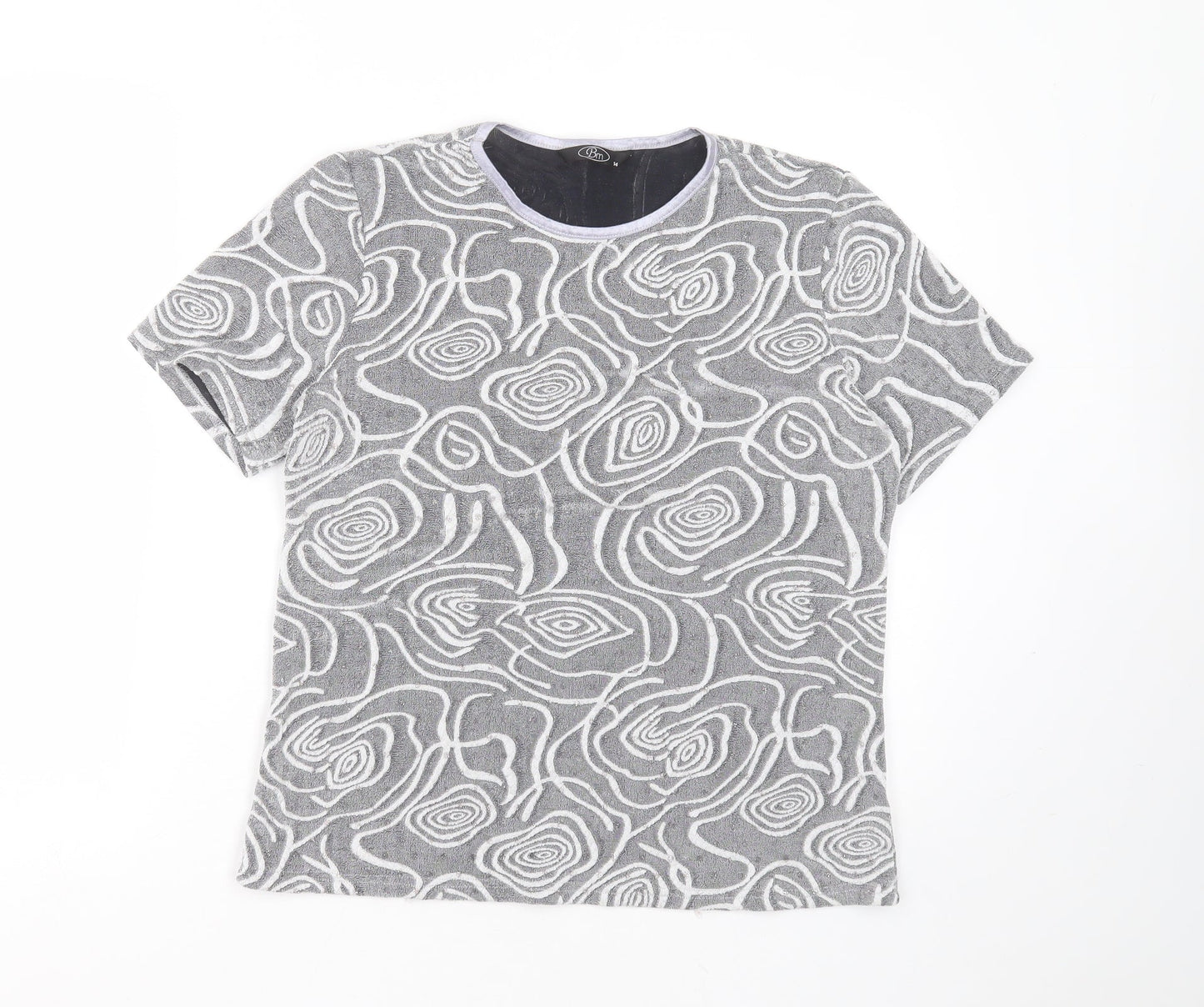 BM Womens Grey Geometric Nylon Basic T-Shirt Size 14 Round Neck