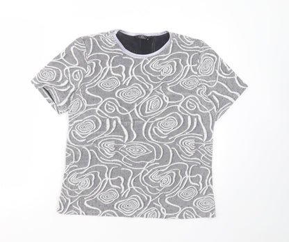 BM Womens Grey Geometric Nylon Basic T-Shirt Size 14 Round Neck