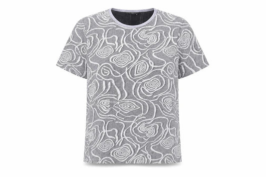 Front view of Bonmarché women’s grey geometric nylon basic t-shirt, size UK 14, round neck