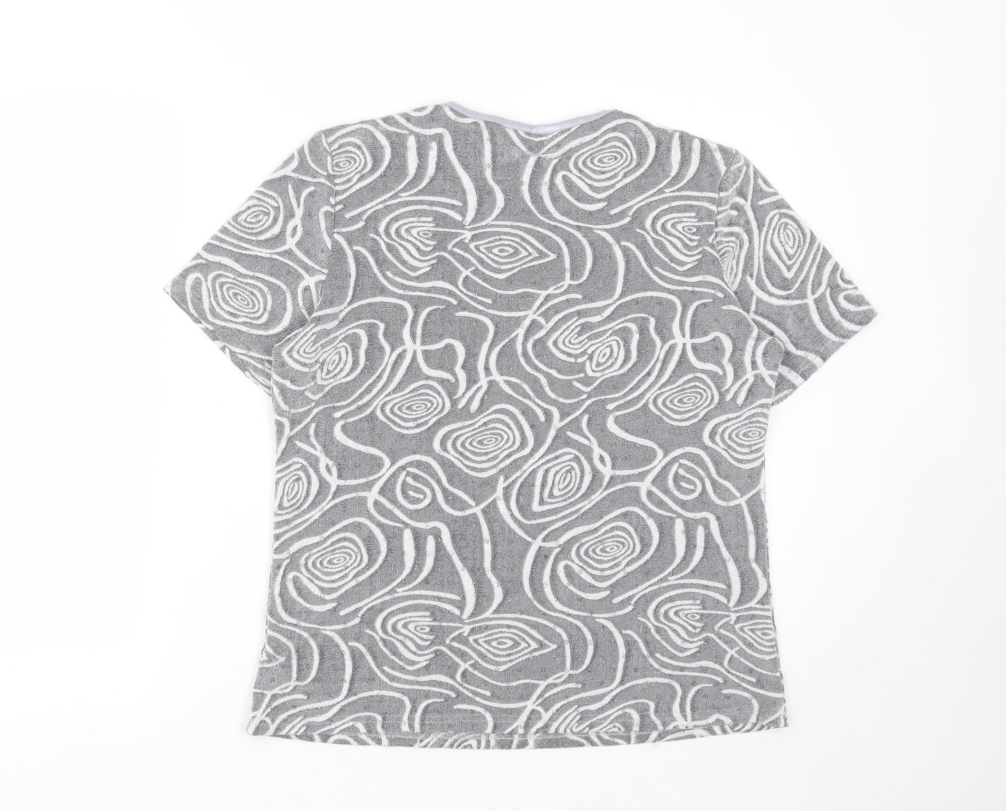 BM Womens Grey Geometric Nylon Basic T-Shirt Size 14 Round Neck