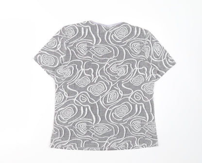 BM Womens Grey Geometric Nylon Basic T-Shirt Size 14 Round Neck