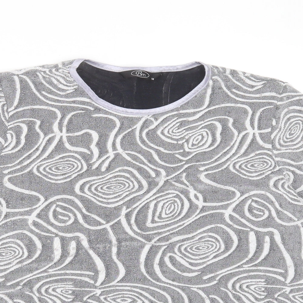 BM Womens Grey Geometric Nylon Basic T-Shirt Size 14 Round Neck